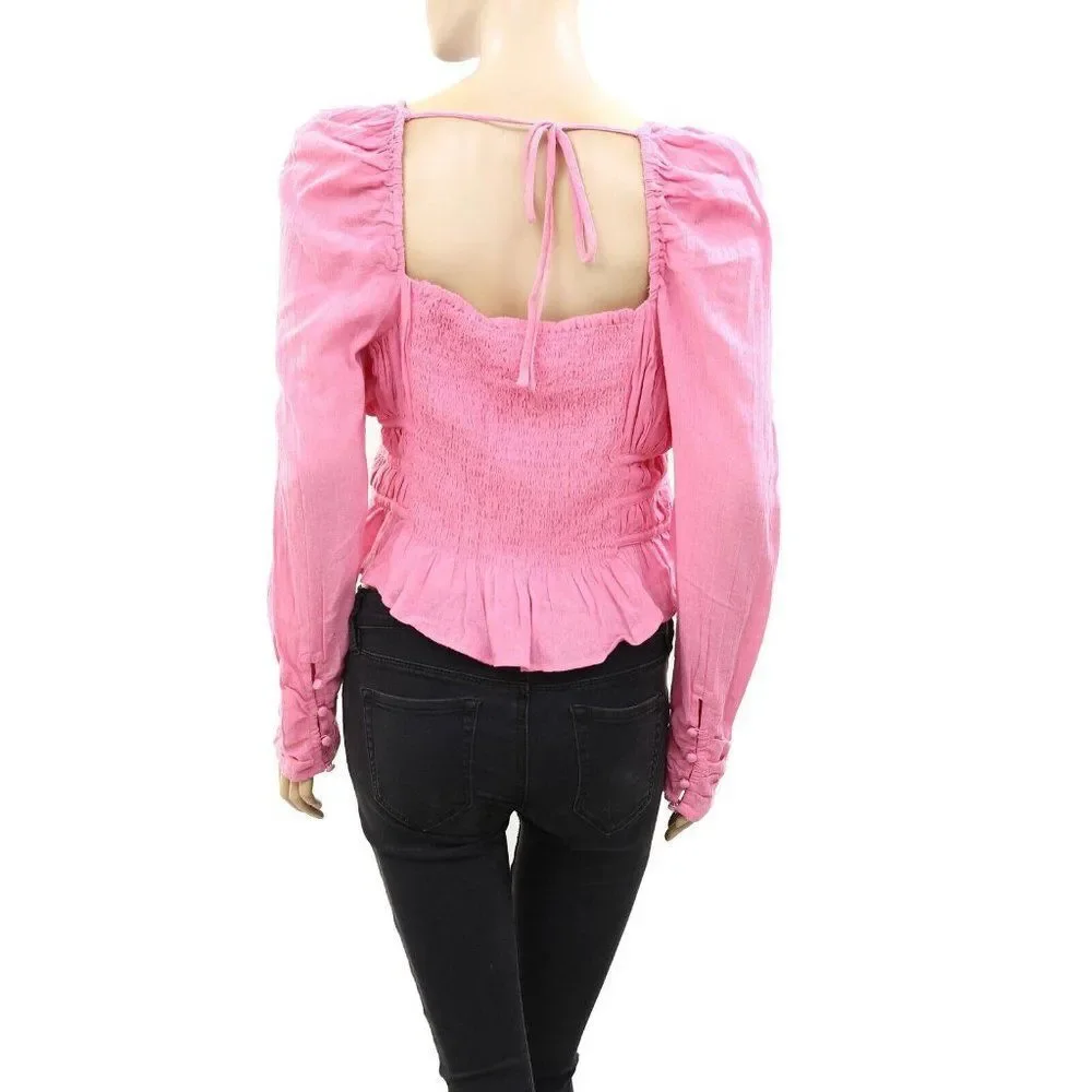 Free People Chloe Cropped Top Blouse Ruffle Puffed Sleeves Smocked S New
